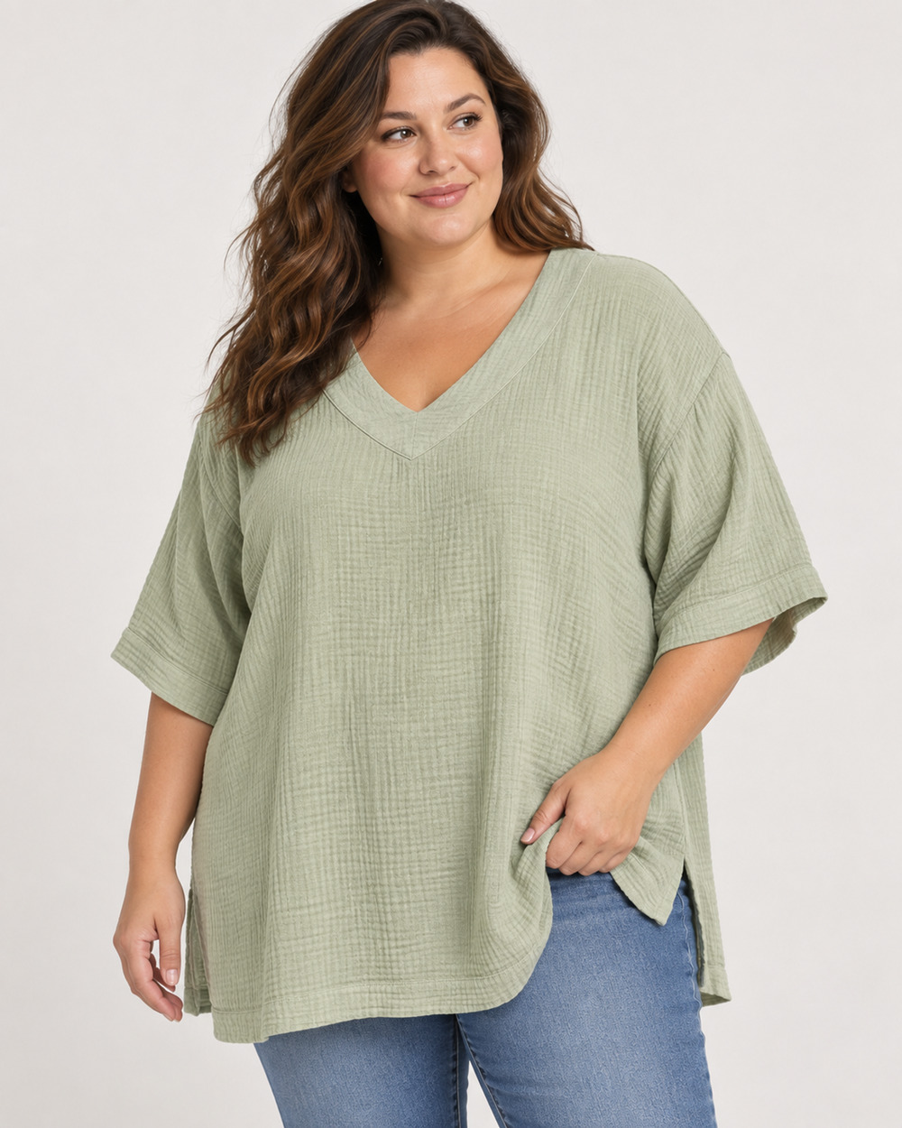 Jones & Co Women’s 3X Sage Green Cotton Gauze Tunic Oversized Boho Lagenlook
